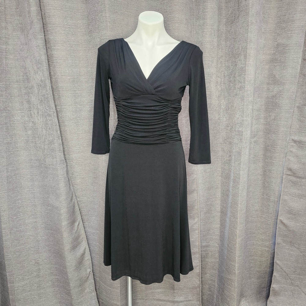 LBD Y2K Dressbarn Black Dress Ruched, V-Neck,‎ Stretch, 3/4 Sleeve, Size 4